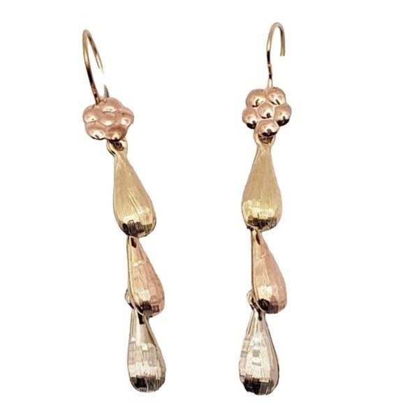 Real 14K Yellow, Rose & White Gold Hollow 3 Teardrops Hanging Earring womens